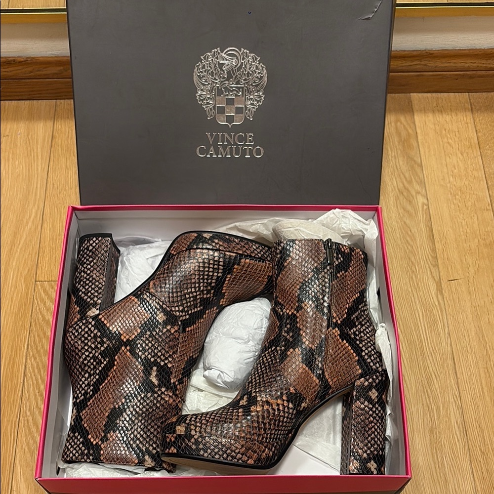 Vince Camuto Black and Brown Snake Print Heeled Boots